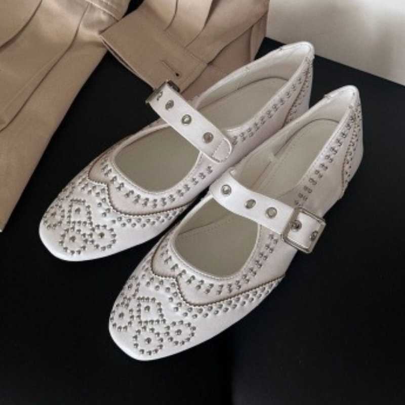 Shoes For Women Flats - レトロリベットバックルデザインフラットシューズ レディース ラウンドトゥ シャロー エレガント メリージェーンシューズ