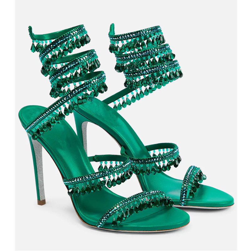 Rhinestone Sandal Women - セクシーなグリーンクリスタルフリンジスティレットサンダル女性のラウンドトゥピープトウハイヒールラインストーンシューズセクシーなレディースパーティーシューズ