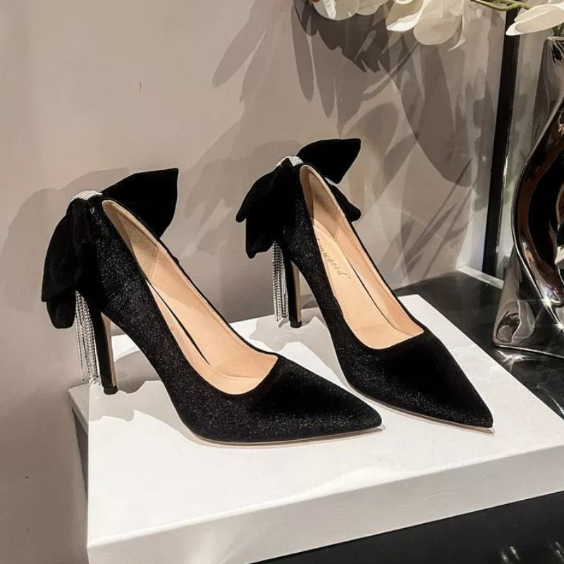 Women Shoes Quick Delivery - 黒と弓 Stilito 女性パンプスラインストーンポインテッドトゥハイヒールの靴女性のためのエレガントな Y2k 短納期靴販売中