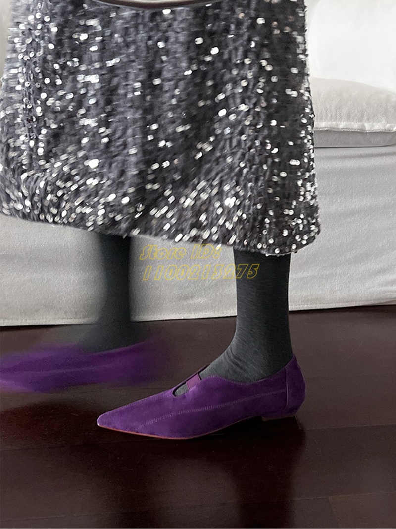 Women Shoes For Winter - パープルのスエード素材、ポインテッドトゥ、フラット、スリッポン、無地、本革、ハンドメイド、レディース、秋冬春シューズ、2025年新作