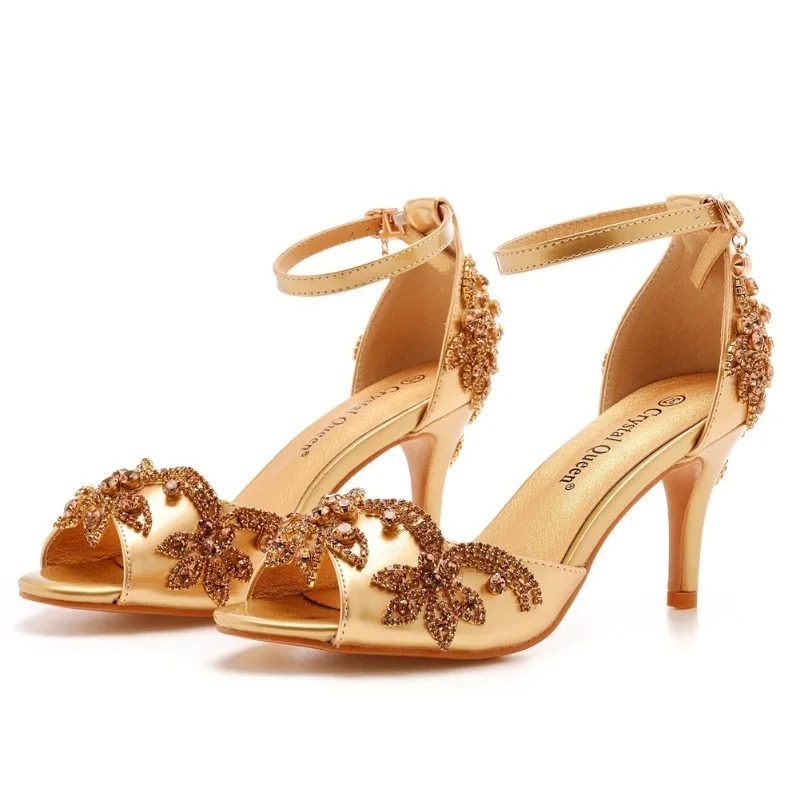 Rhinestone Sandal Women - ファッションデザイナーの女性の靴高級ラインストーンピープトウハイヒールサンダル女性のための絶妙な結婚式の靴サンダリアスムジェ