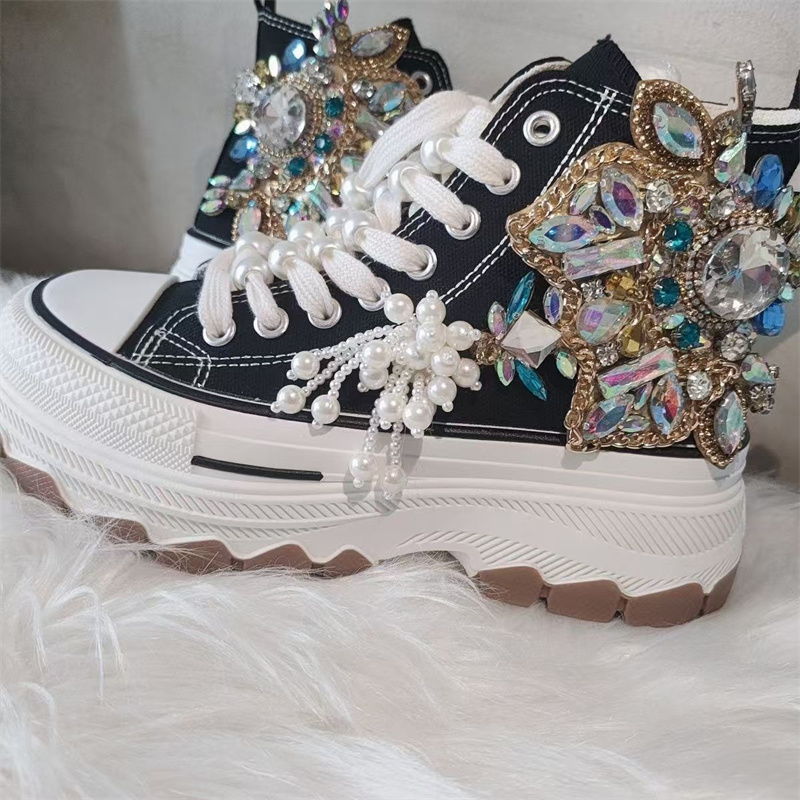 Women'S Shoes Hands Free - 女性用キャンバスシューズ,厚手のソール,ハイトップ,裸のビーズ,フリンジ付きラインストーン,宝石,手作り,黒のレースアップ,カジュアルスニーカー,35〜40
