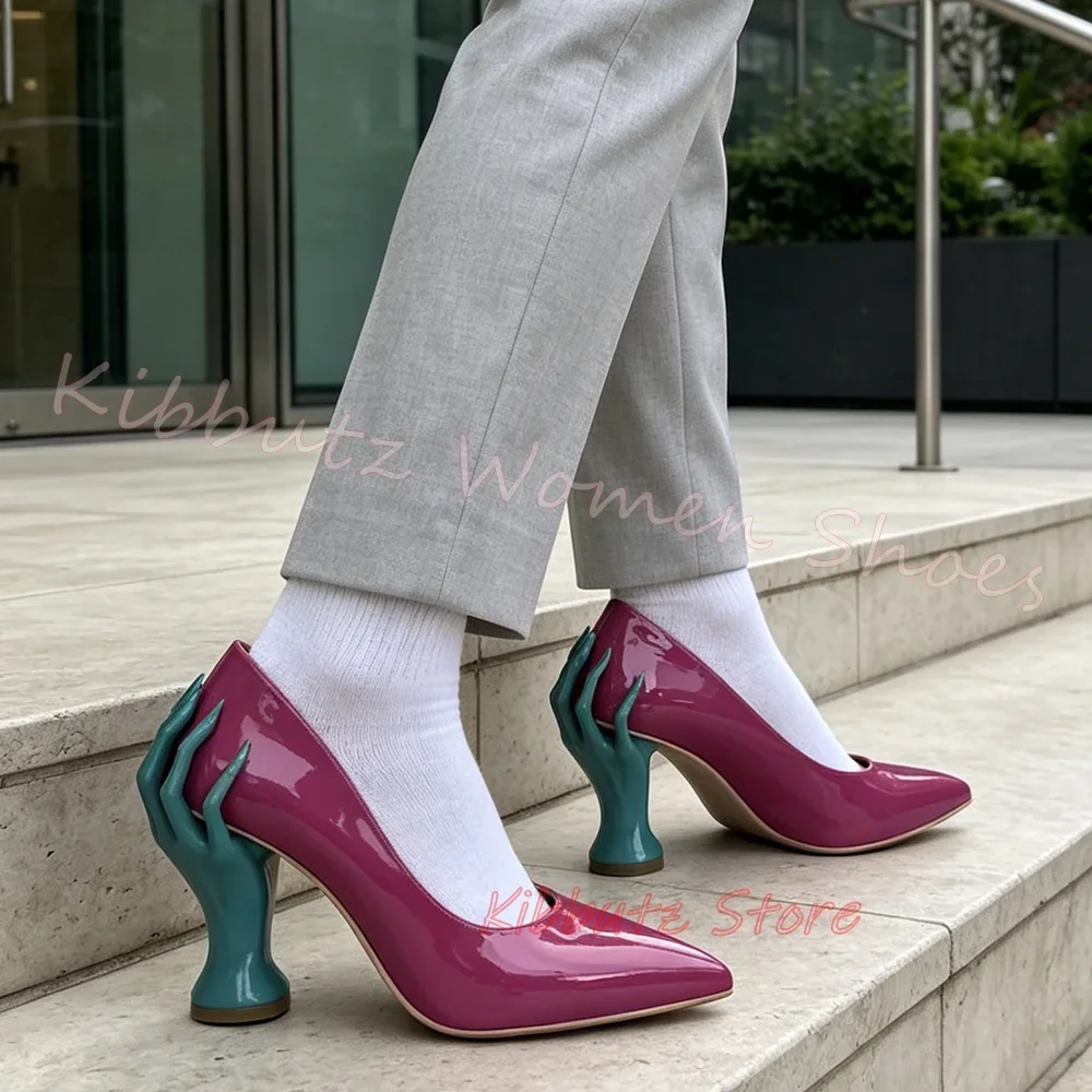 Women'S Shoes Hands Free - ハンドシェイプヒールパンプス ポインテッドトゥ パテントレザー スリッポン レディースシューズ ユニークな個性派フットウェア
