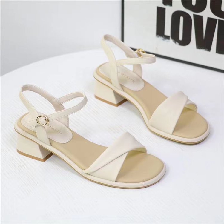 Women Shoes Model - イブニングブリーズブロックヒールサンダル女性用スクエアトゥアンクルストラップバックル快適カジュアル夏日常オフィスシューズ