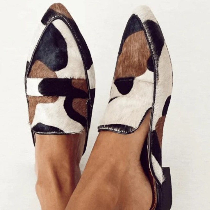 Women'S Shoes In Fashion - 英国風2026年春秋新作おしゃれなポインテッドトゥ34-43浅履き牛柄カジュアルレディースシューズ