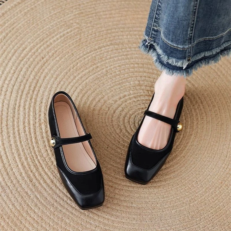 Women Shoes Quick Delivery - ローヒールエレガントなスプライシング女性のフラットシューズ黒滑り止めワンラインバックルレトロスタイル価格迅速な配達レディースシューズ
