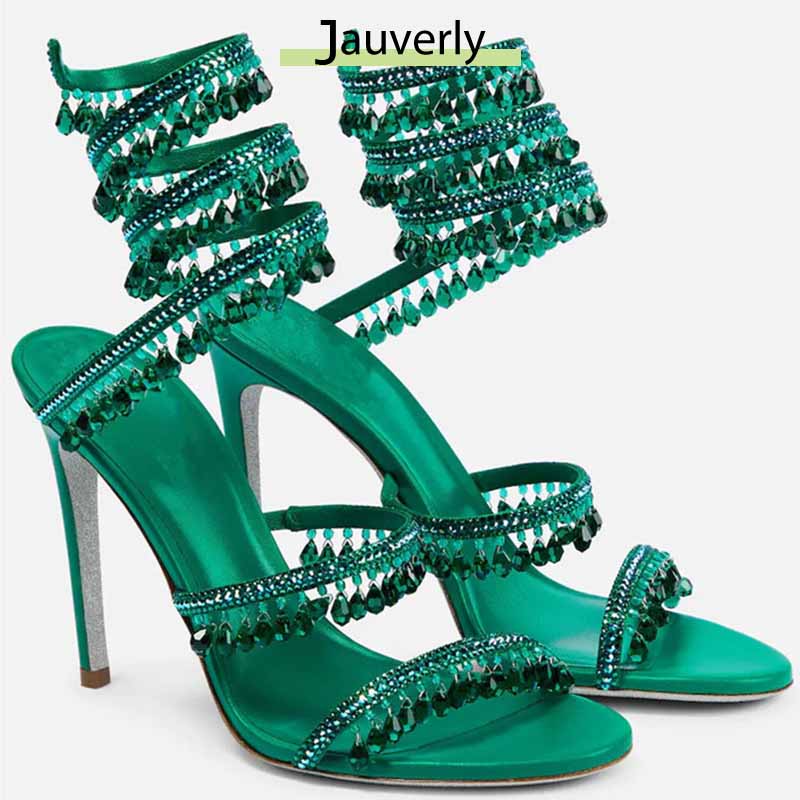 Rhinestone Sandal Women - 2026 女性のハイヒール新しいラインストーンサンダルファッションタッセルクリスタルシューズセクシーな宴会パーティー女性の大きなサンダルサイズ 34-46