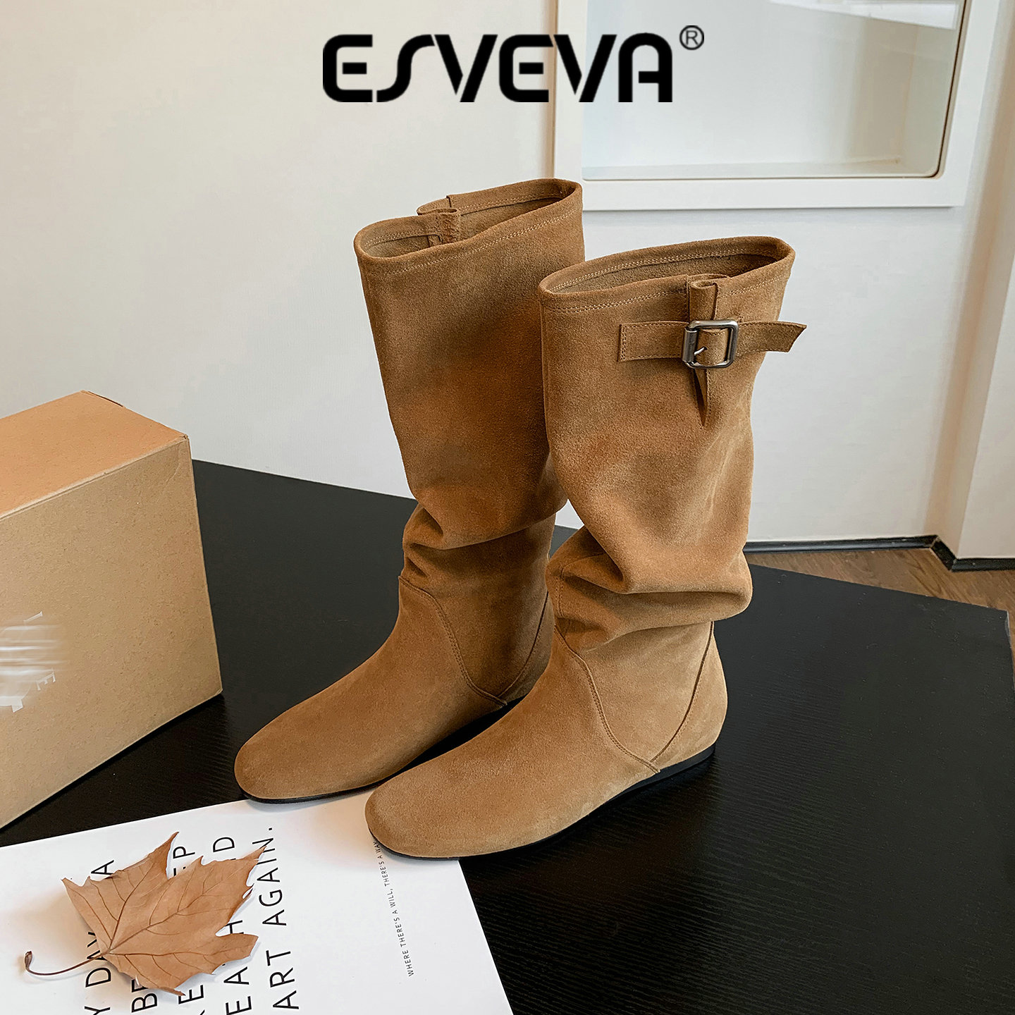 Suede Ankle Boot - ESVEVA 2027 ファッション カウスエード レディース ニーハイブーツ