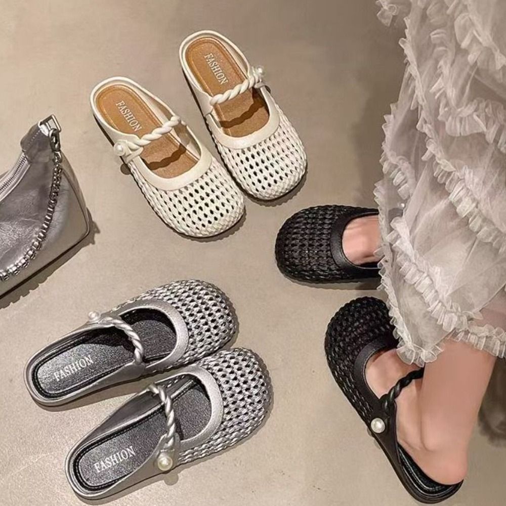 Women'S Shoes Hands Free - 通気性のある包頭ハーフスリッパ中空オールマッチ通気性サンダル滑り止め軽量手織りスリッパ女性用