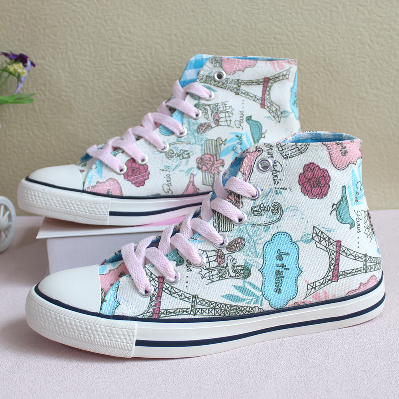 Women'S Shoes Hands Free - 漫画風手描きニューハイカットキャンバスシューズ レディース ボードシューズ シンプルでおしゃれなカジュアル 学生・大学生向けシングルシューズ