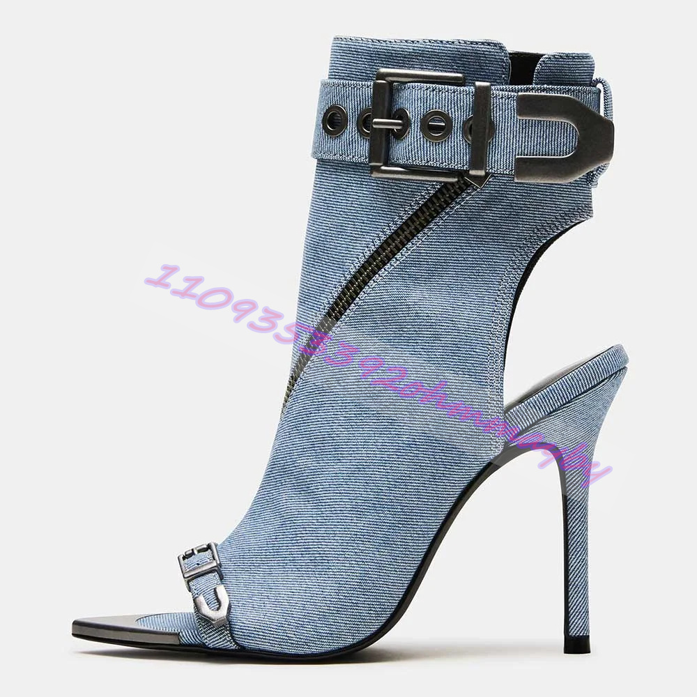 Suede Ankle Boot - 夏ブルーデニムポインテッドトゥブーツ女性用オープントゥレザーベルトバックルサンダルファッションメタルポインテッドトゥジッパーハイヒール