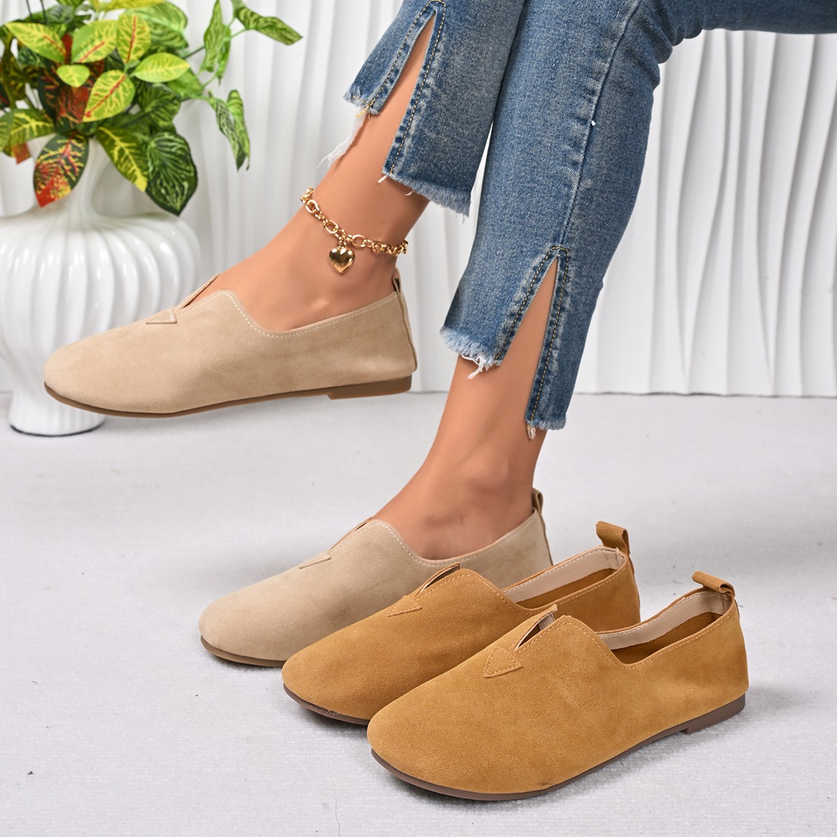 Women Shoes Quick Delivery - 女性のフラットシューズ スリッポン ラウンドトゥ ローヒール エレガントな高品質 ファッション