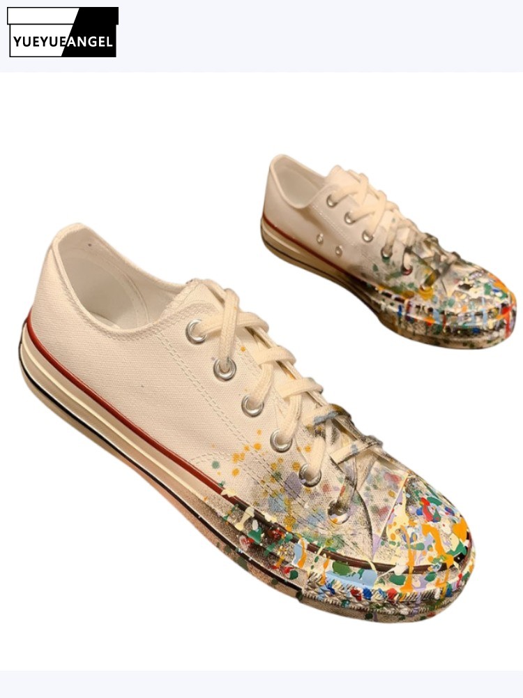 Women'S Shoes Hands Free - レディース春の新作レースアップペイントローヒールパンプスファッションホワイトキャンバスシューズワークレディースローカットカジュアルシューズレトロフットウェア