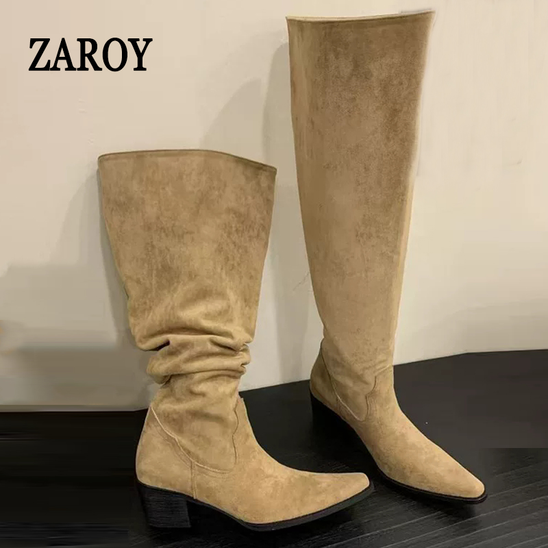 Wide Fit Heels - ZAROY 冬ポインテッドトゥニーハイブーツ女性デザイナースエードレトロスクエアローヒールブーツモダンワイドチューブロングボタスザパトス
