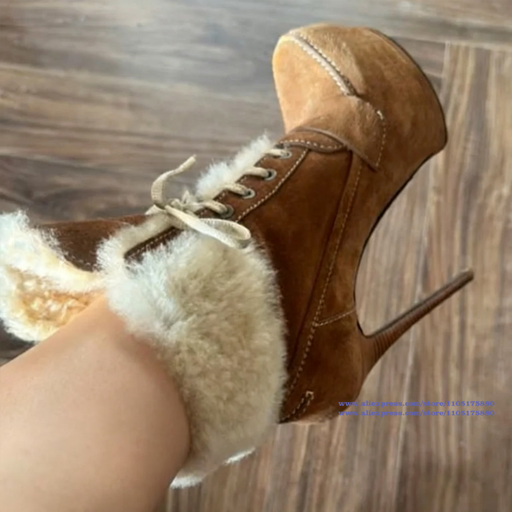 Suede Ankle Boot - ブラウンスエードスティレットヒールアンクルブーツプラットフォームラウンドトゥレディースブーツパーティーキャットウォークシューズ高級デザイナーブーツボタスムヘール