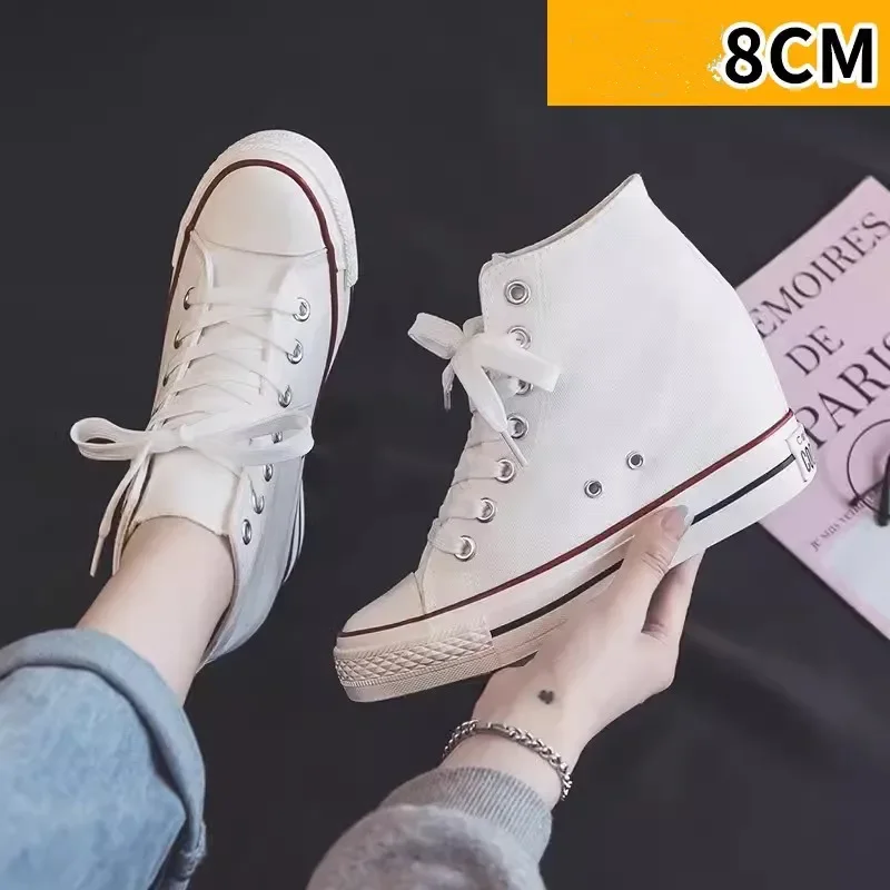 Women Shoes Size Chart - 女性用ハイ8cmプラットフォームキャンバスシューズ、隠しヒール、ハイカットカジュアルシューズ、ファッショナブルな厚底ウェッジスニーカー