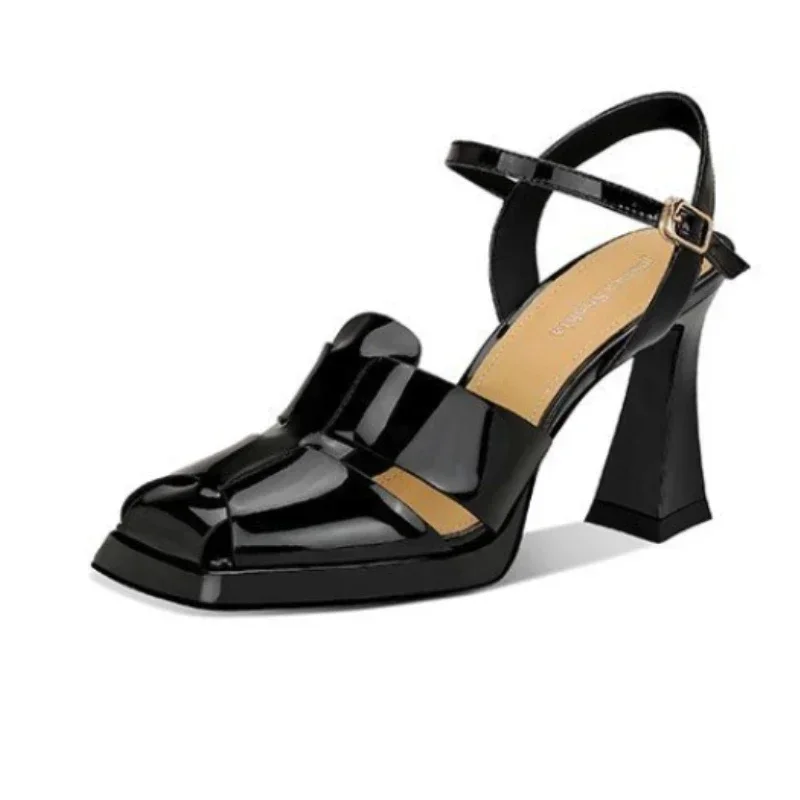 Women Shoes Model - 女性のハイヒールサンダルファッションパテントレザーローマンサンダルセクシーな中空ハイヒール女性デザイナーシューズ Zapatos Mujer