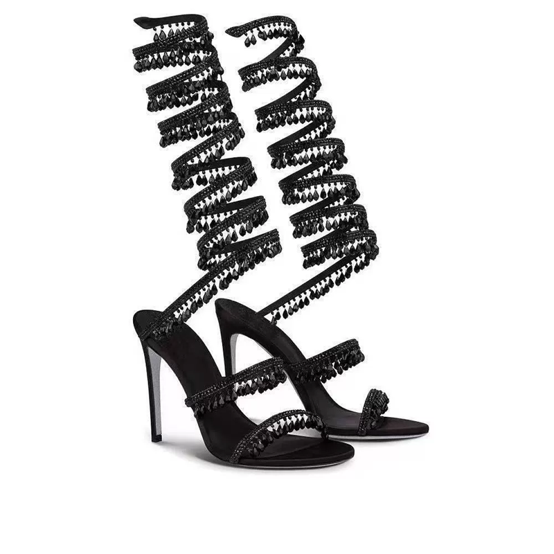 Rhinestone Sandal Women - 薄いハイヒールサンダル夏の新しいヘビの形をしたラップクリスタルペンダントフリンジラインストーンの靴宴会大きいサイズの女性の靴