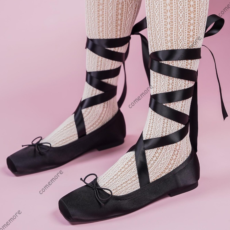 Shoes For Women Flats - レディースサテンリボンタイバレエシューズスクエアトゥアンクルラップレースアップシューズロリータシューズレディースソフトソールボウファッションフットウェア