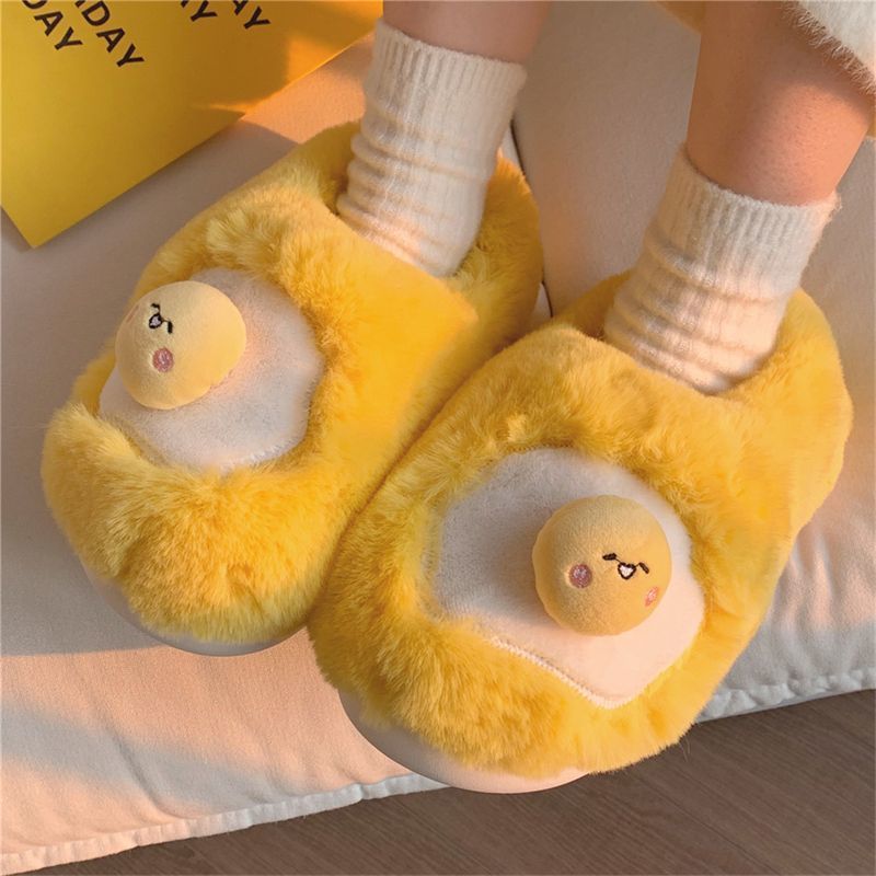 Women Shoes For Winter - 新しい可愛い目玉焼き型ぬいぐるみスリッパ レディース ノベルティ サニーサイドアップ フリース裏地付き 室内履き