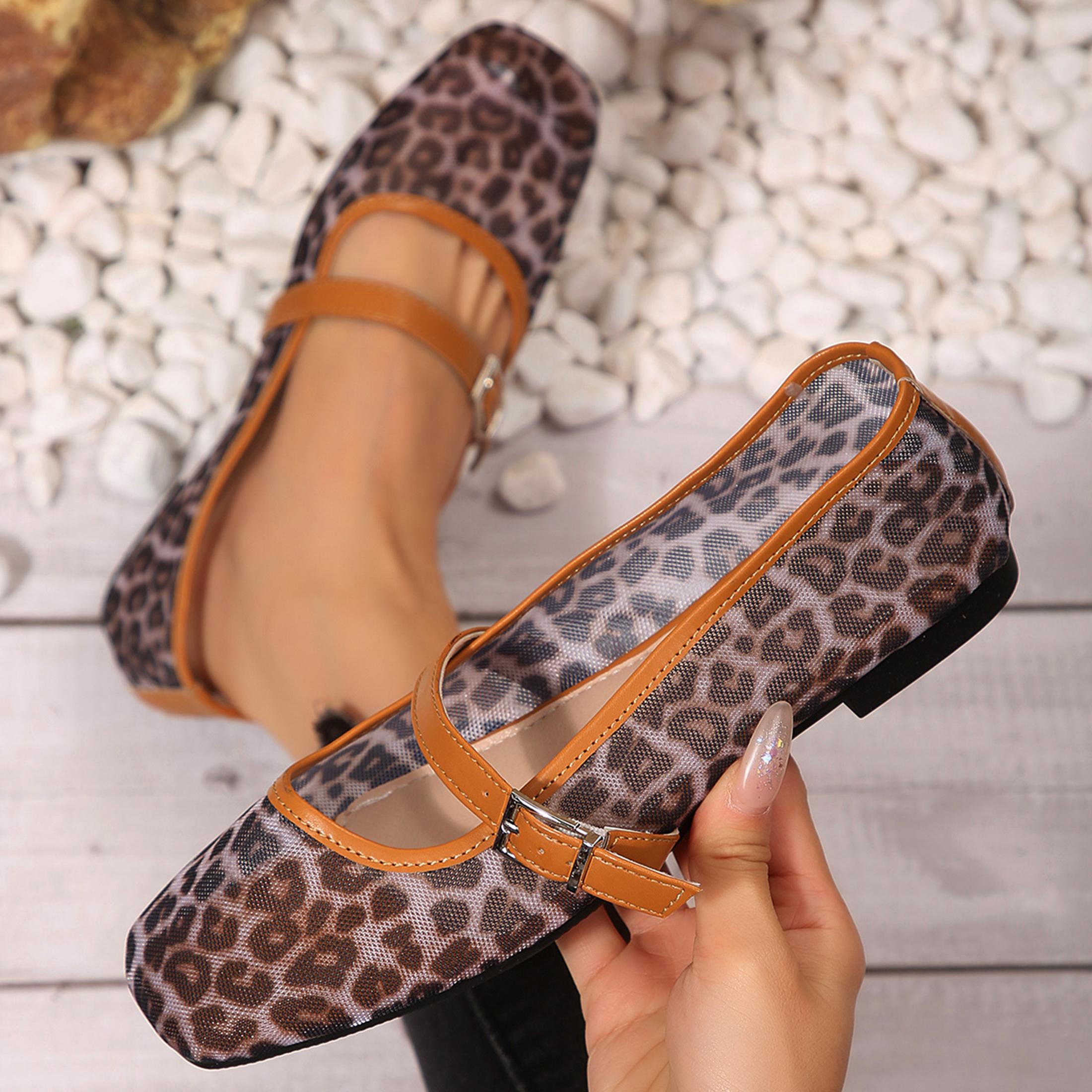 Shoes For Women Flats - 女性用 ヒョウ柄 メッシュ フラットシューズ スクエアトゥ バックルストラップ