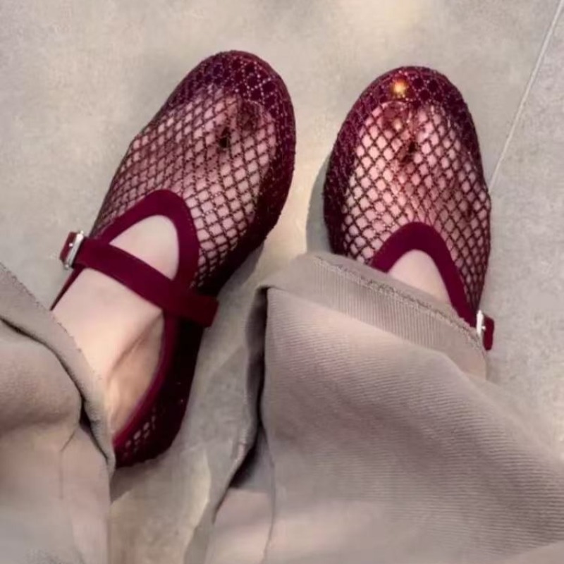 Rhinestone Sandal Women - 中空ラインストーンバオトウサンダル レディース 2026年新作 フィッシングネット通気性織りメリージェーンシングルシューズ