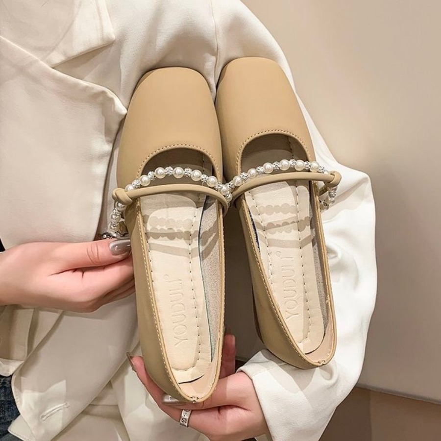 Shoes For Women Flats - 新しいエレガントなフレンチフラットシューズ、パール付き浅口ソフトレザーレディースフラット、快適な滑り止めローヒール、女性用カジュアルシューズ
