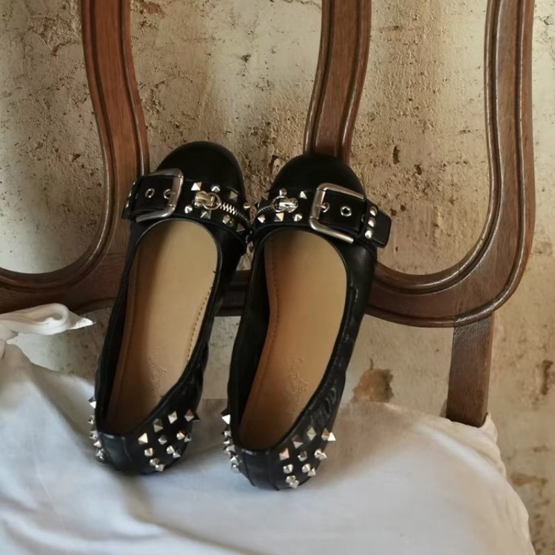 Shoes Women Pumps - ボルトラウンドヘッドシングルシューズレディースレザーバックルローカットフラットメリージェーンシューズ