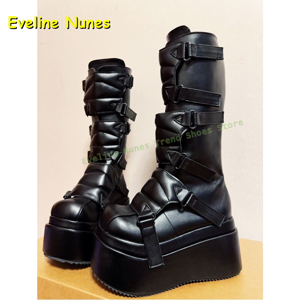 Women Shoes Size Chart - ブラックバックルサイバーパンクY2Kニーハイブーツビッグラウンドトゥ厚底身長アップサブカルスタイルカップルパンクシューズ2025新作