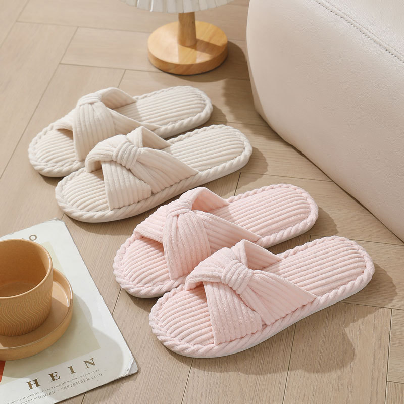 Women Shoes For Winter - コーデュロイクロスストラップホームスリッパ女性のためのオープントゥノンスリップ綿屋内靴女性軽量快適寝室スリッパ