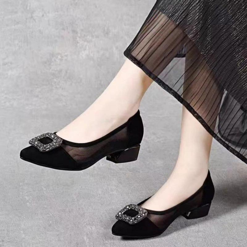 Shoes Women Pumps - エレガントなポインテッドトゥメッシュブロックヒールパンプス、ラインストーンスクエアバックル装飾の浅履きシューズ、通気性のある女性用オフィスシューズ