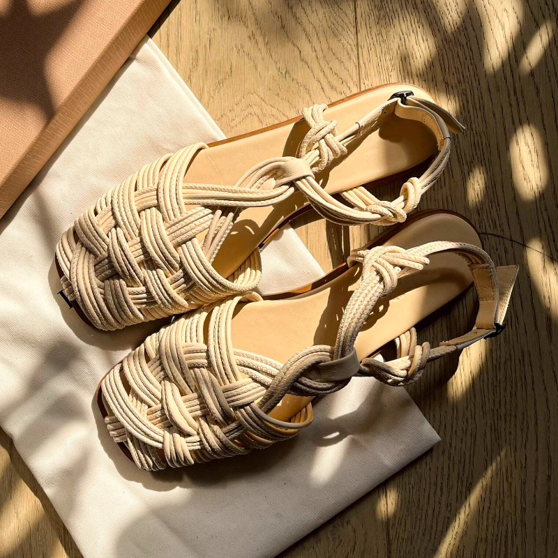 Women'S Shoes Hands Free - ヴィンテージ手織り平底ローマンサンダル女性用靴 2026 夏バックストラップレザーカジュアルフラットサンダル付き Mujer