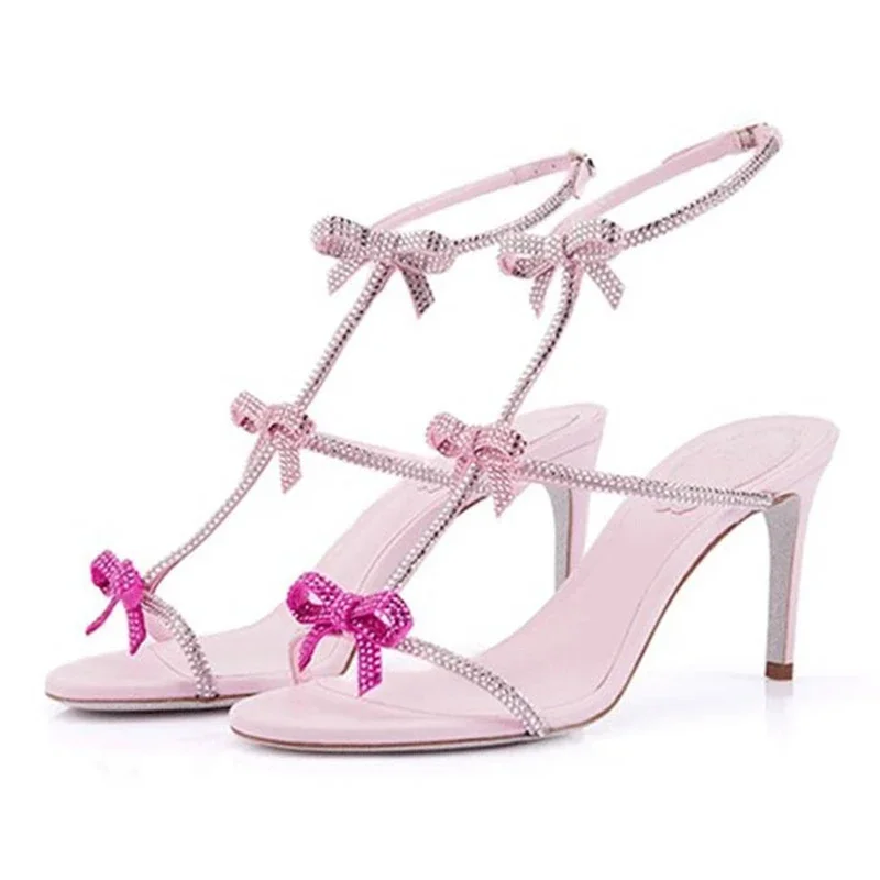 Rhinestone Sandal Women - Aneikeh エレガントなシルクラインストーン装飾ハイヒールサンダルオープントゥ薄型ヒールの女性の靴夏 Zapatos Mujer