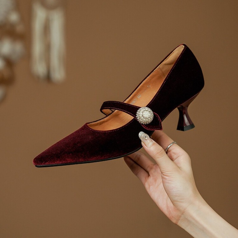 ワインレッド ポインテッドトゥ メリージェーンシューズ レデ - Shoes Women Pumps のレビューと価格