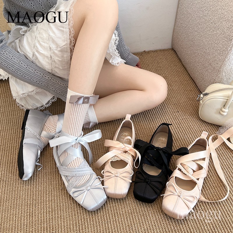 女性のレースアップバレエフラットシューズスクエアトゥボウメリ - Shoes For Women Flats のレビューと価格