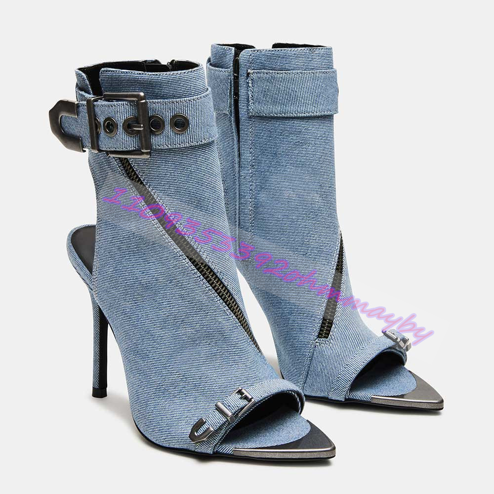 夏ブルーデニムポインテッドトゥブーツ女性用オープントゥレザー - Suede Ankle Boot のレビューと価格
