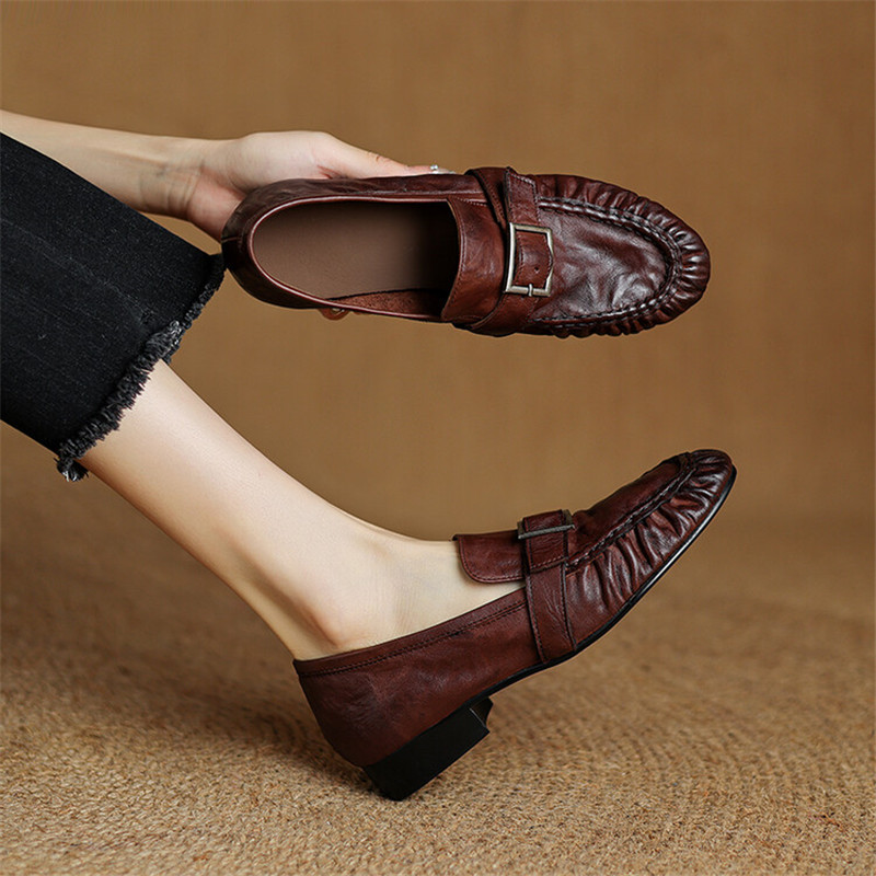 女性用本革モカシン,丸いつま先の靴,プリーツパンプス,厚手の - Shoes Women Pumps のレビューと価格