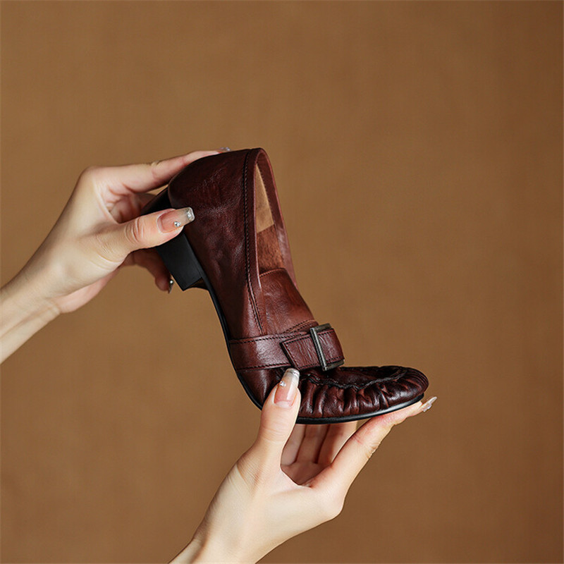 女性用本革モカシン,丸いつま先の靴,プリーツパンプス,厚手の - Shoes Women Pumps のレビューと価格