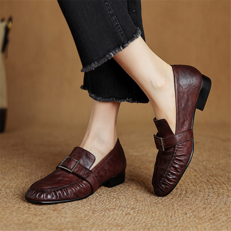 女性用本革モカシン,丸いつま先の靴,プリーツパンプス,厚手の - Shoes Women Pumps のレビューと価格