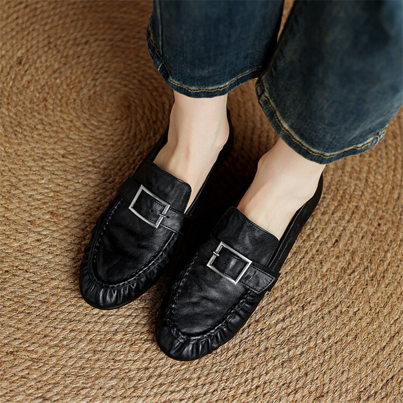 女性用本革モカシン,丸いつま先の靴,プリーツパンプス,厚手の - Shoes Women Pumps のレビューと価格