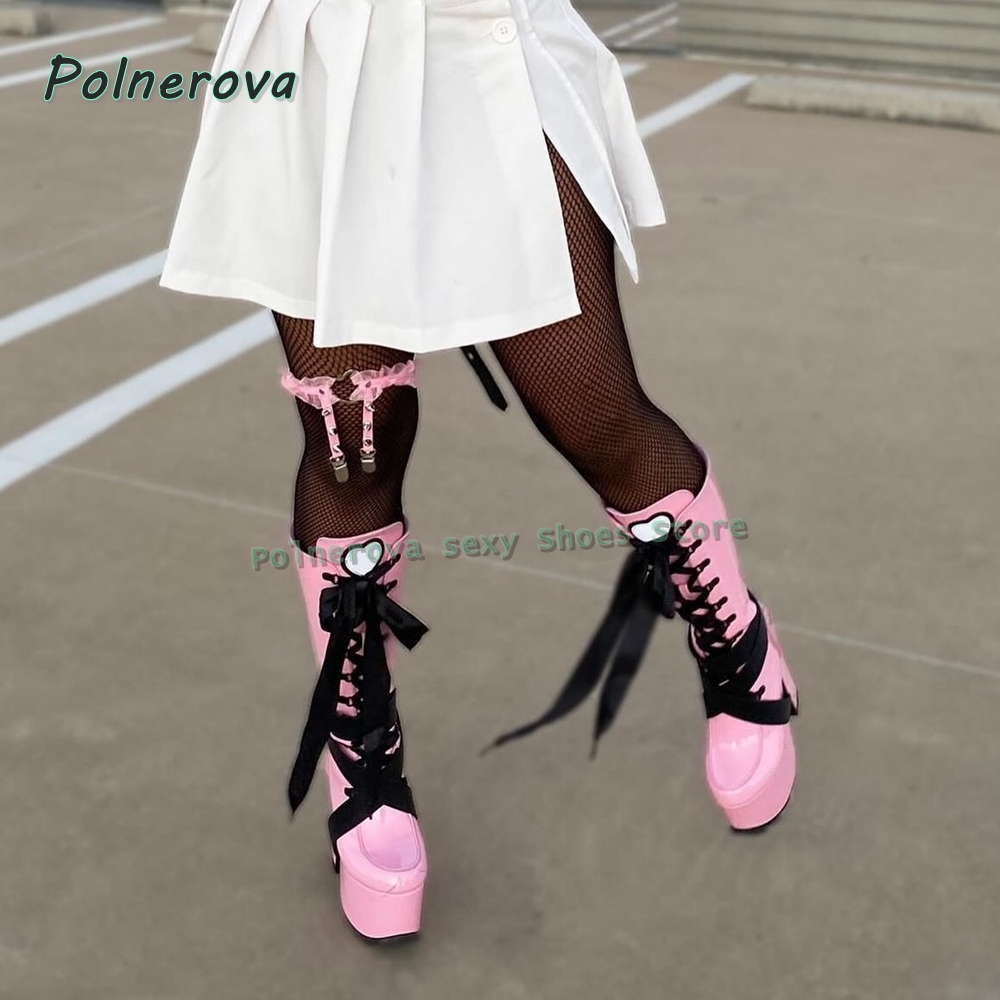レディースピンクプラットフォームニーハイブーツ、ラウンドトゥ - Women Shoes Size Chart のレビューと価格