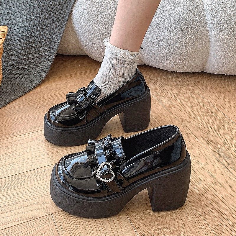 女性パンプスラインストーンラウンドトゥスクエアヒールローファ - Women Shoes Quick Delivery のレビューと価格