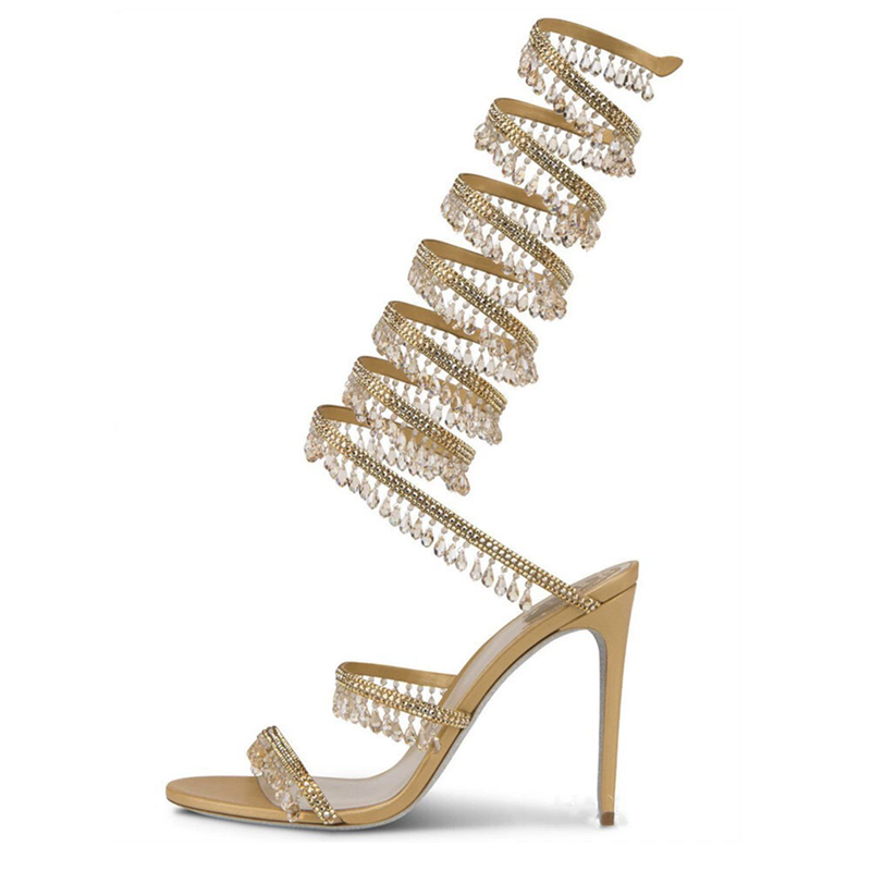 薄いハイヒールサンダル夏の新しいヘビの形をしたラップクリスタ - Rhinestone Sandal Women のレビューと価格