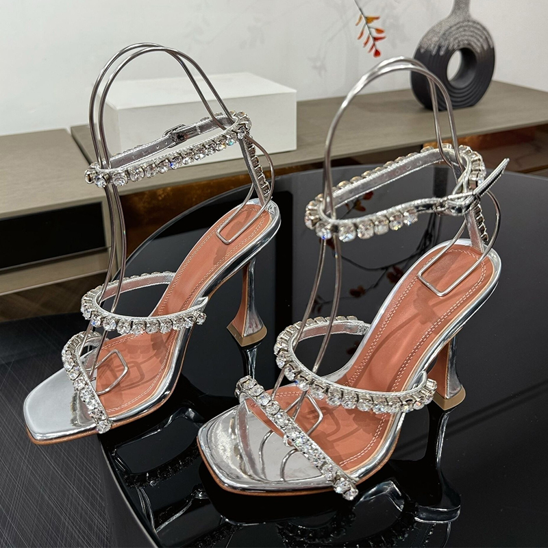 滑走路カップハイヒールシルクサテンサンダル女性光沢のあるライ - Rhinestone Sandal Women のレビューと価格
