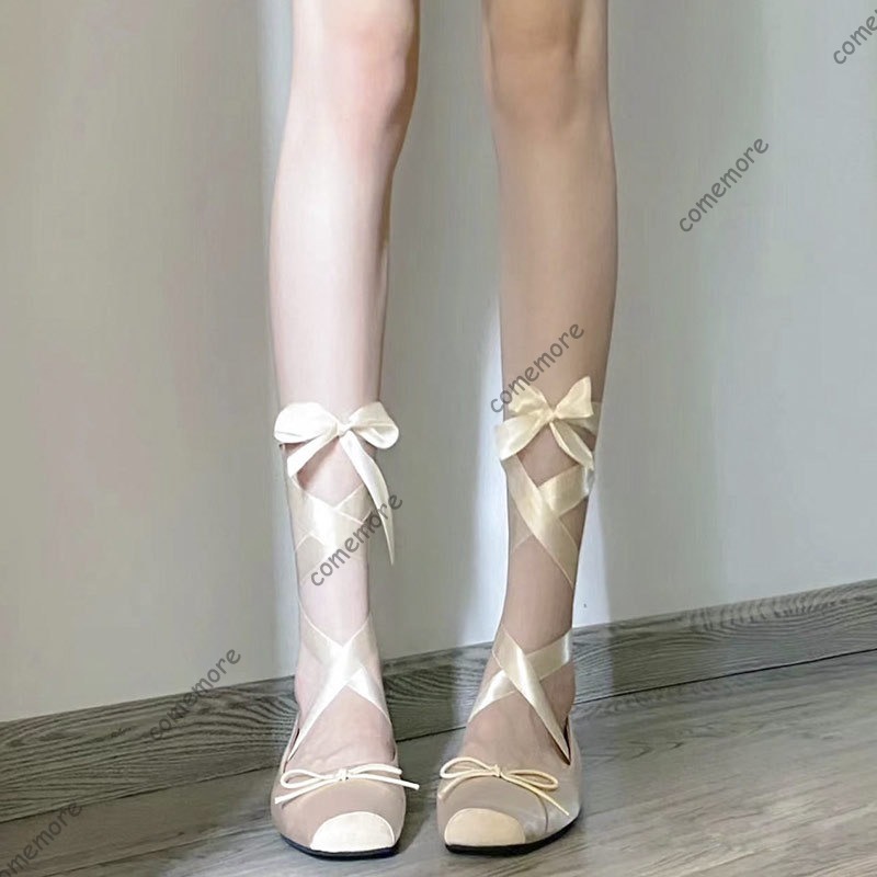レディースサテンリボンタイバレエシューズスクエアトゥアンクル - Shoes For Women Flats のレビューと価格
