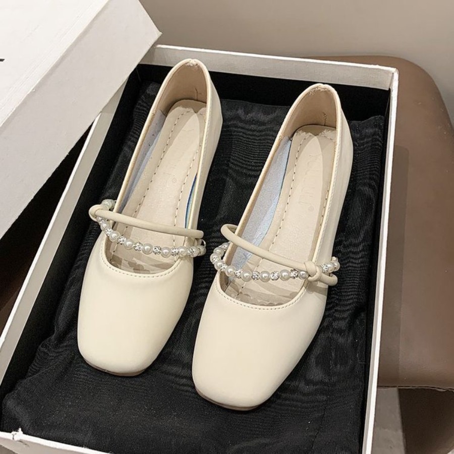 新しいエレガントなフレンチフラットシューズ、パール付き浅口ソ - Shoes For Women Flats のレビューと価格