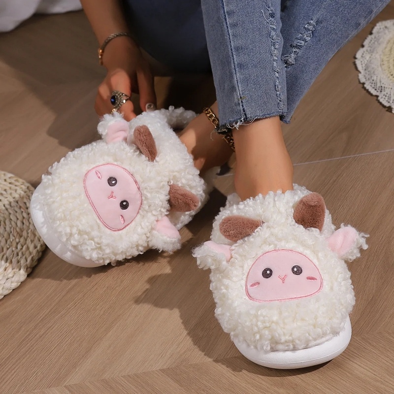 冬素敵な小さな羊のスリッパ女性男性用かわいい子羊ぬいぐるみホ - Women'S Shoes To Men'S のレビューと価格
