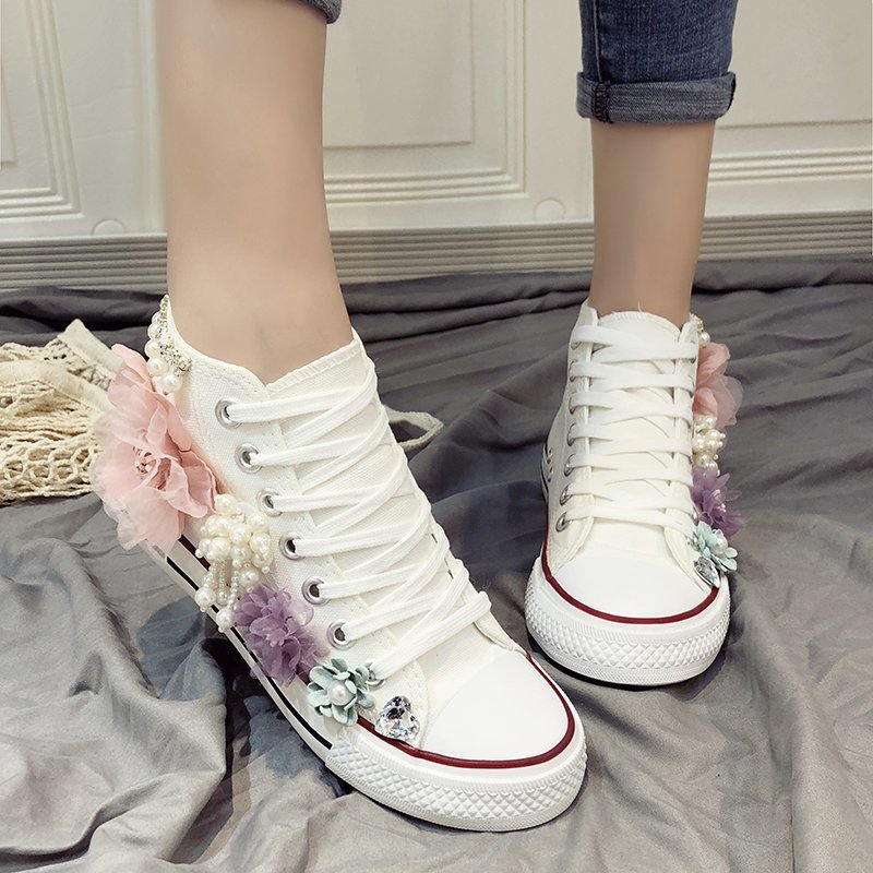 春の新作ハイカットキャンバスシューズ女性のための手作りフラワ - Women'S Shoes Hands Free のレビューと価格