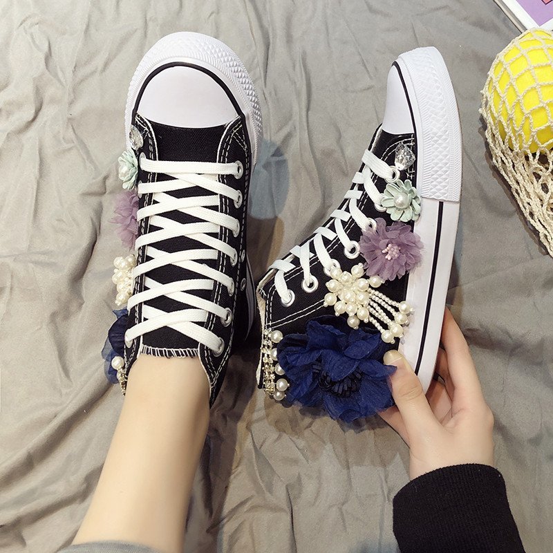 春の新作ハイカットキャンバスシューズ女性のための手作りフラワ - Women'S Shoes Hands Free のレビューと価格