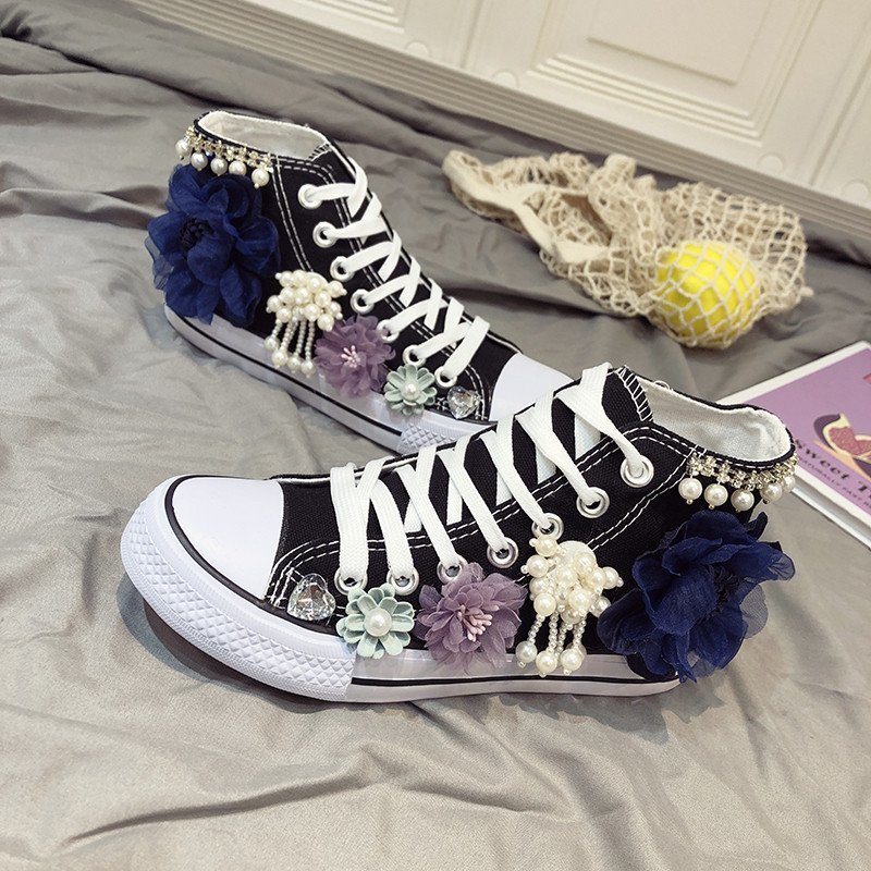 春の新作ハイカットキャンバスシューズ女性のための手作りフラワ - Women'S Shoes Hands Free のレビューと価格
